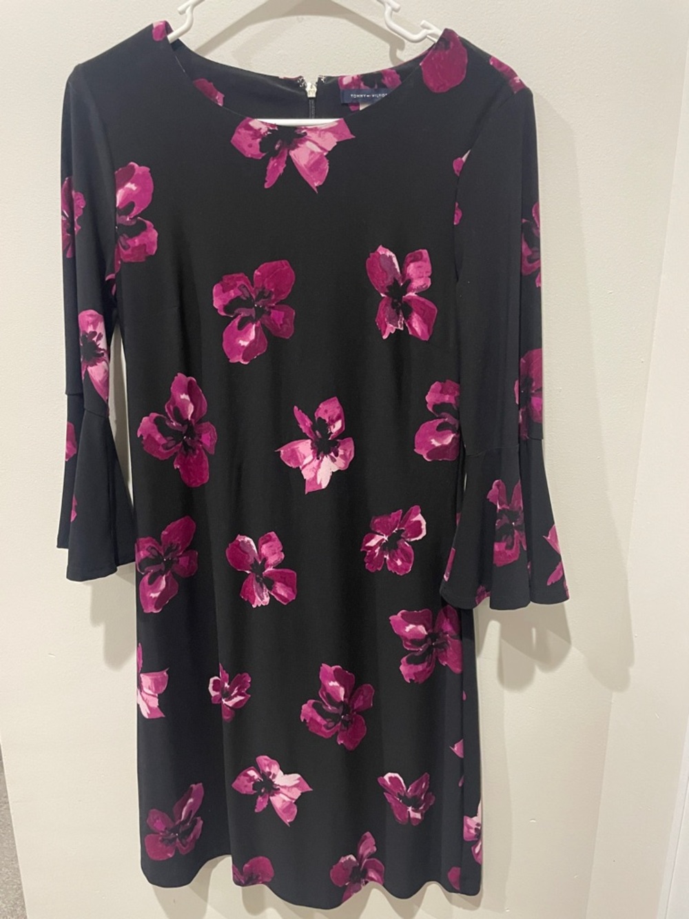 Tommy Hilfiger Black Dress with Magenta Floral Print and Bell Sleeves
